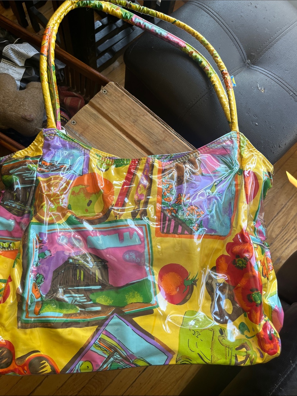 Glossy Yellow Tropical Print Tote Bag